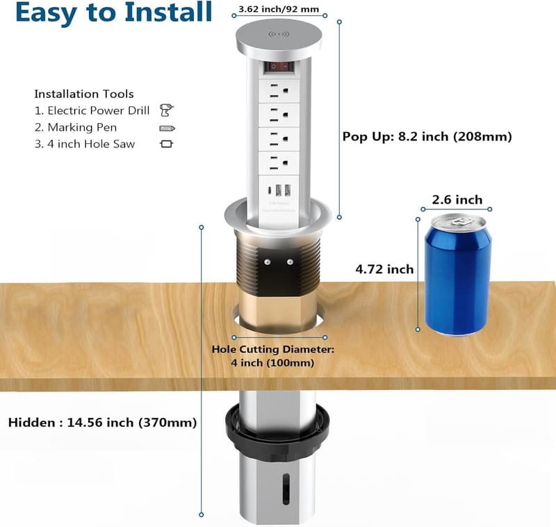 Pop-Up Outlet with USB-C & 4 AC Ports for Kitchen or Office