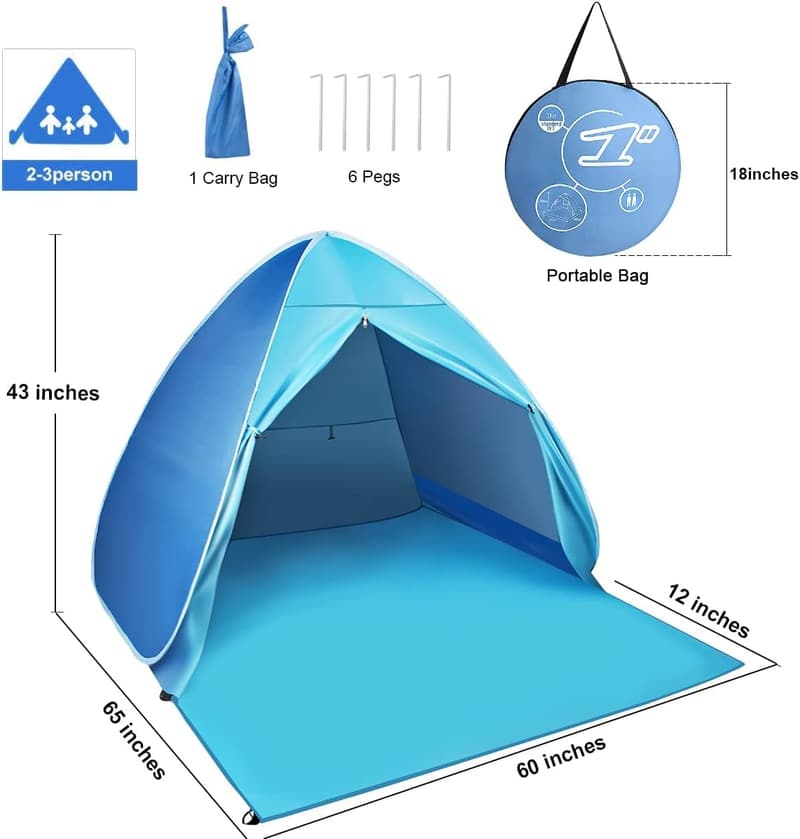 UPF 50+ Portable Beach Tent with Carry Bag - Sky Blue