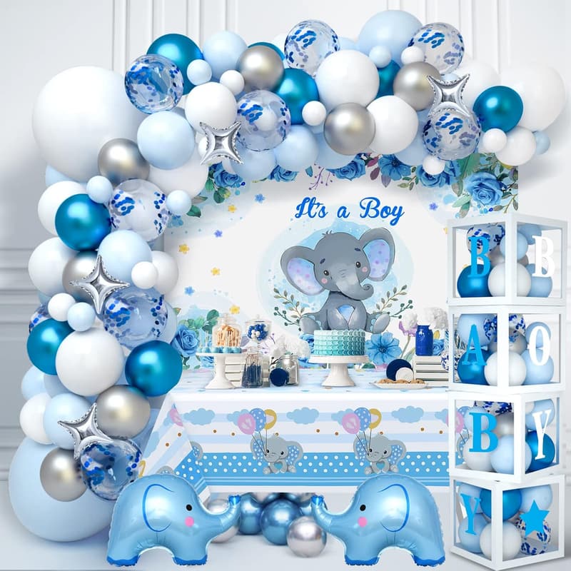 Elephant Baby Shower Decor Kit - 155pcs with Balloons and Backdrop