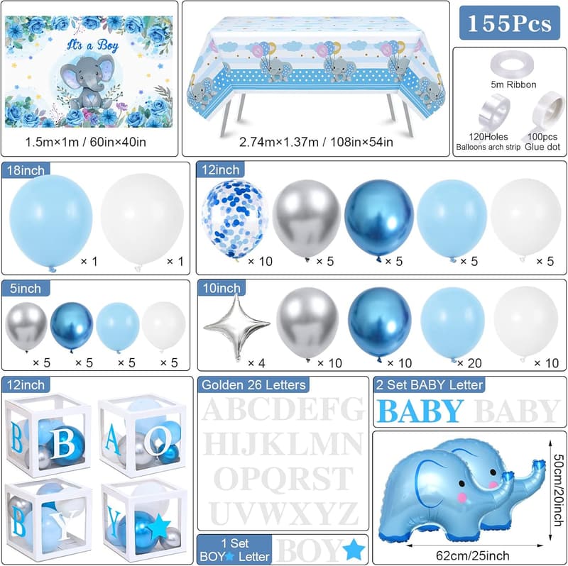 Elephant Baby Shower Decor Kit - 155pcs with Balloons and Backdrop