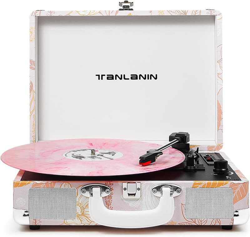 Vintage Pink Floral Vinyl Record Player with USB & Bluetooth