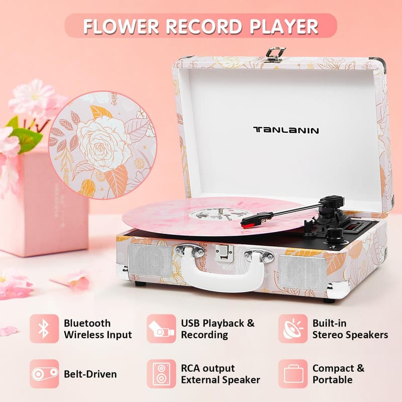 Vintage Pink Floral Vinyl Record Player with USB & Bluetooth