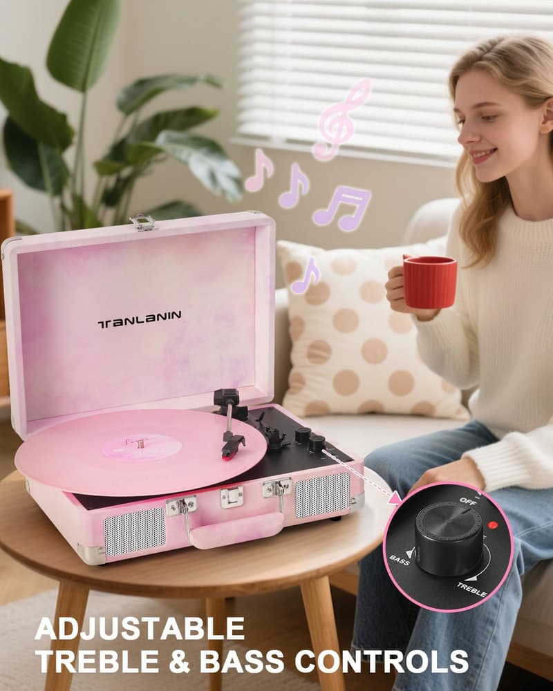 Vintage 3-Speed Bluetooth Record Player with Treble Control - Pink