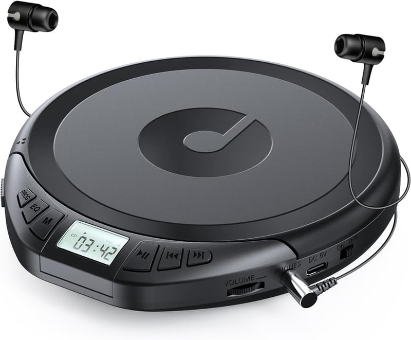 Portable CD Player with Earphones - Anti-Skip Shockproof