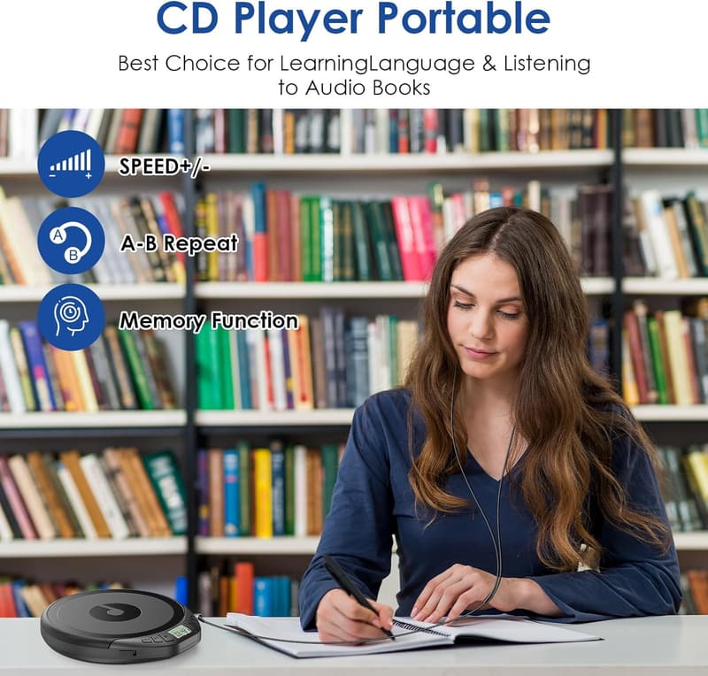 Portable CD Player with Earphones - Anti-Skip Shockproof