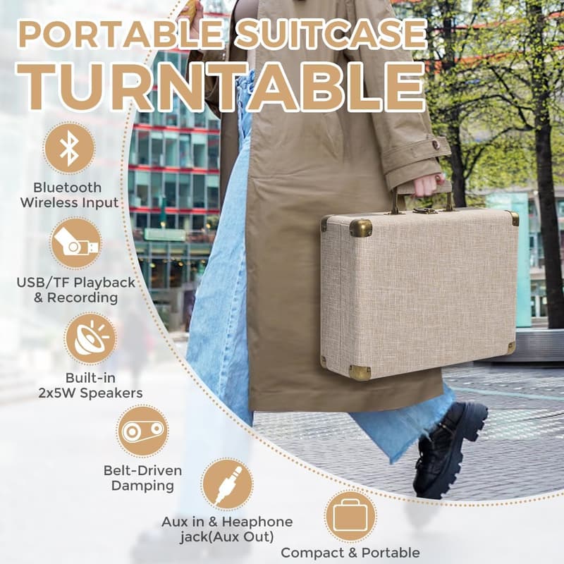 Vintage Portable Record Player with Bluetooth & USB Recording