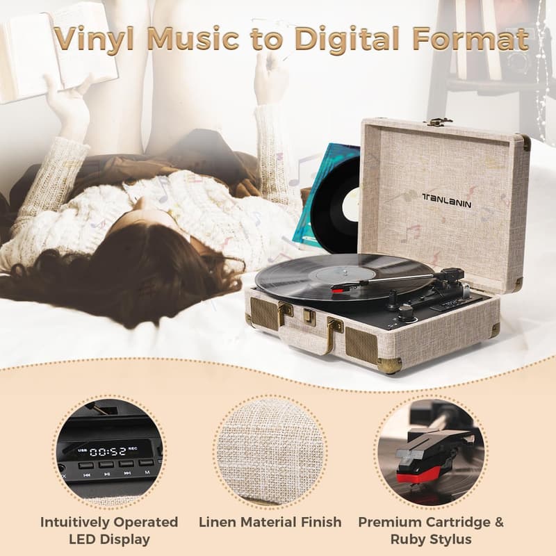 Vintage Portable Record Player with Bluetooth & USB Recording
