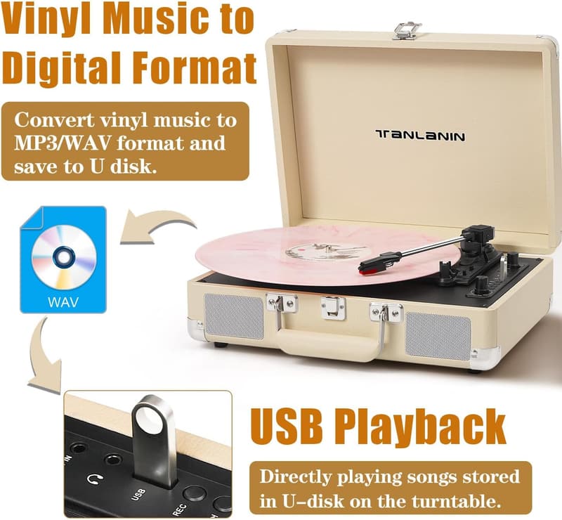 Vintage Portable Vinyl Record Player with Bluetooth & USB Recording