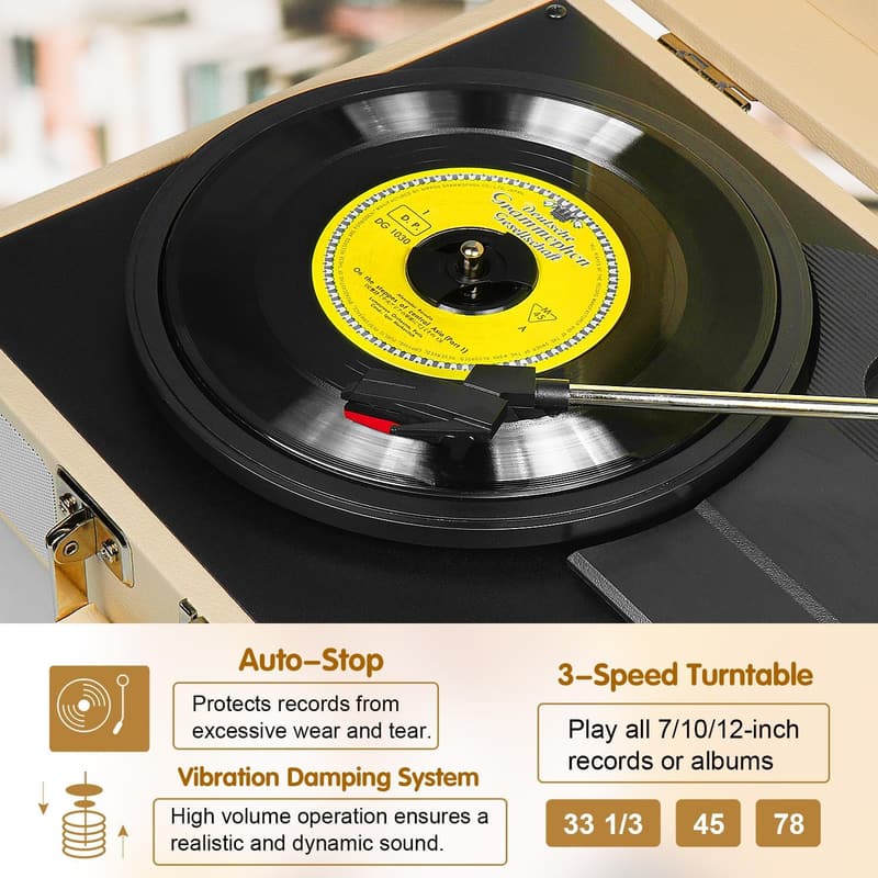 Vintage Portable Vinyl Record Player with Bluetooth & USB Recording