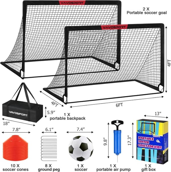 Kids Soccer Goal Set - 6x4 ft Portable Goals with Net, Ball & Cones