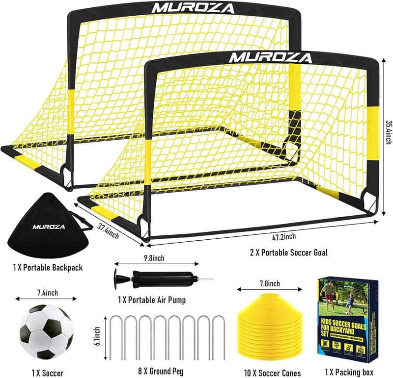 Portable Backyard Soccer Goals Set for Kids - 2 Pop-Up Nets with Ball & Cones