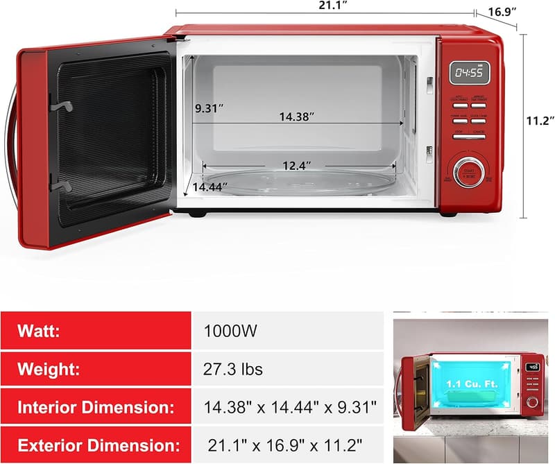 Retro 1.1 Cu Ft Microwave Oven with Auto Cook & Easy Clean - Red