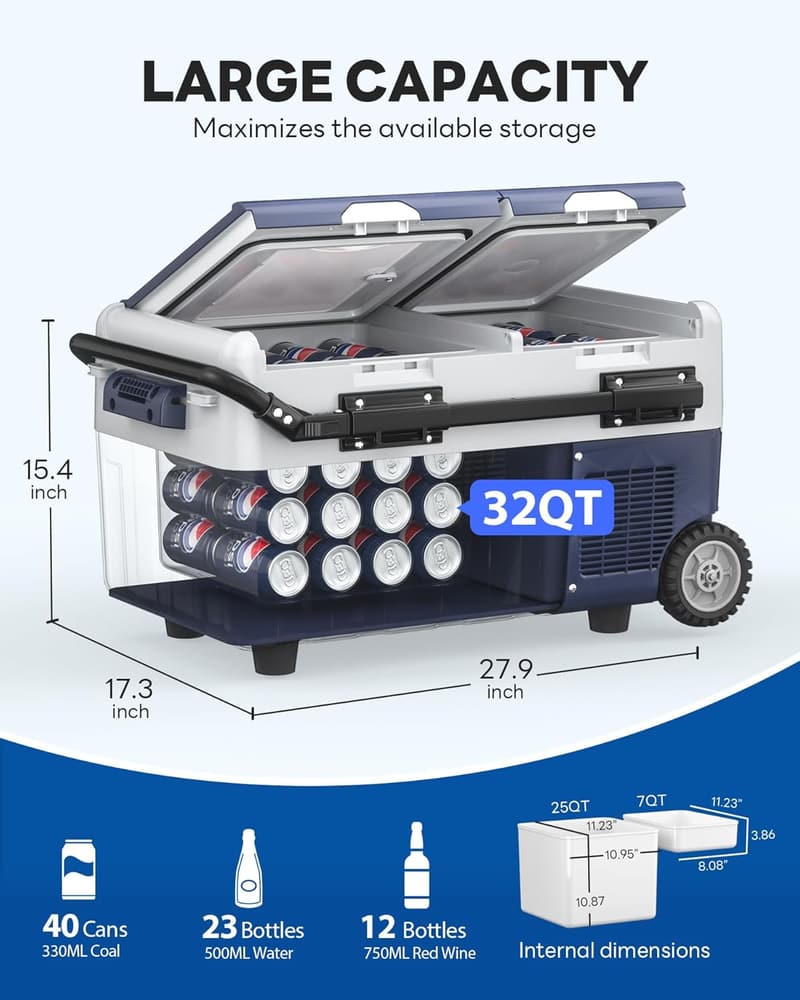 32QT Dual Zone Portable Car Fridge Freezer for Travel & Camping