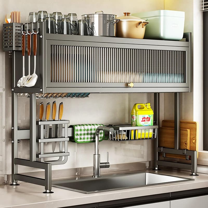 Over-Sink 3-Tier Dish Drainer Rack with Cover for Organized Kitchen
