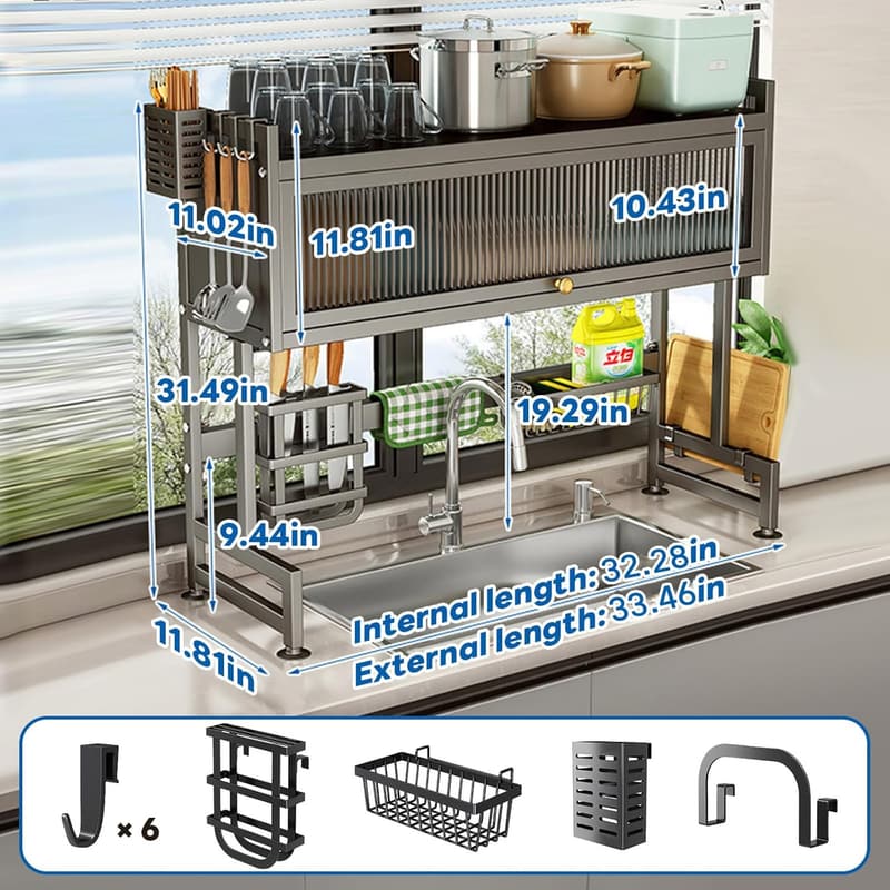 Over-Sink 3-Tier Dish Drainer Rack with Cover for Organized Kitchen