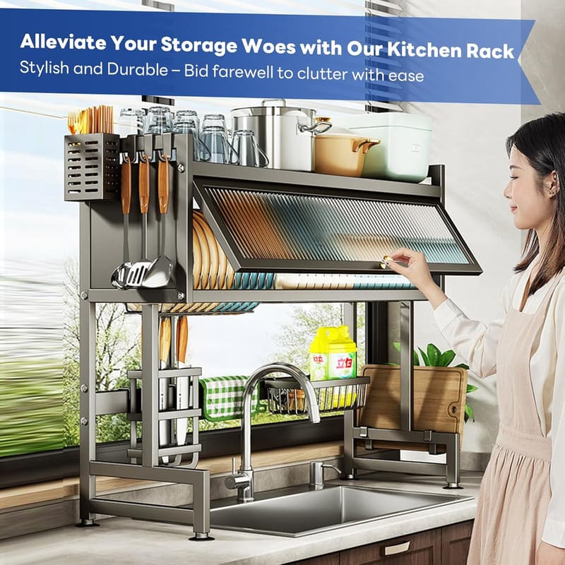 Over-Sink 3-Tier Dish Drainer Rack with Cover for Organized Kitchen
