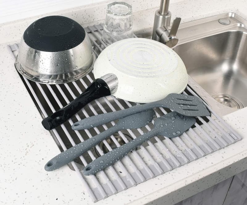 Foldable Dish Drying Rack - Silicone Stainless Steel, Gray