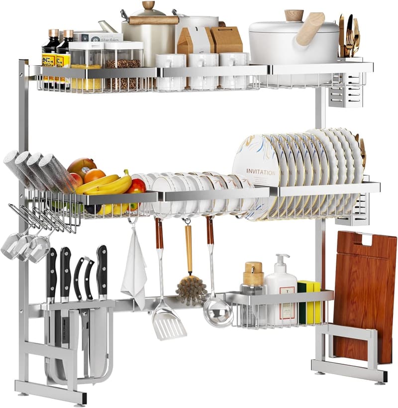Adjustable Over-Sink Dish Drying Rack - 3-Tier Stainless Steel