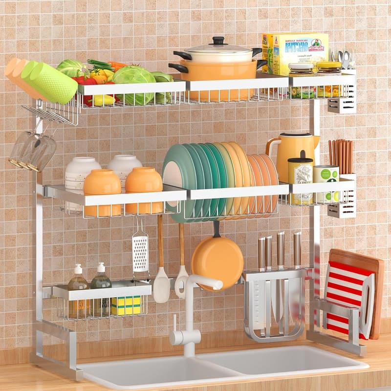 Adjustable Over-Sink Dish Drying Rack - 3-Tier Stainless Steel