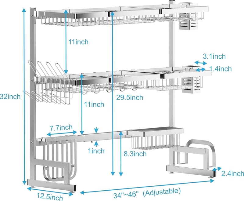 Adjustable Over-Sink Dish Drying Rack - 3-Tier Stainless Steel