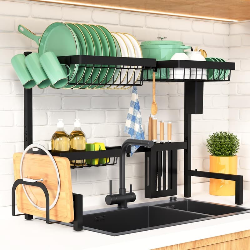 Adjustable Over-Sink Dish Drying Rack - Black, 2-Tier Design