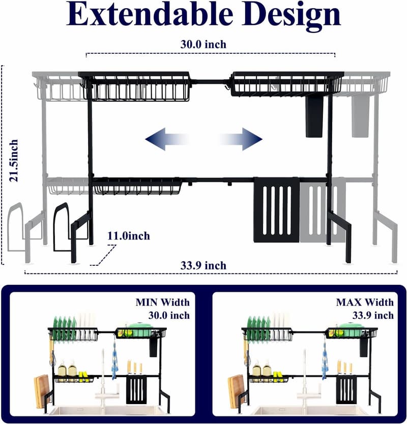 Adjustable Over-Sink Dish Drying Rack - Black, 2-Tier Design