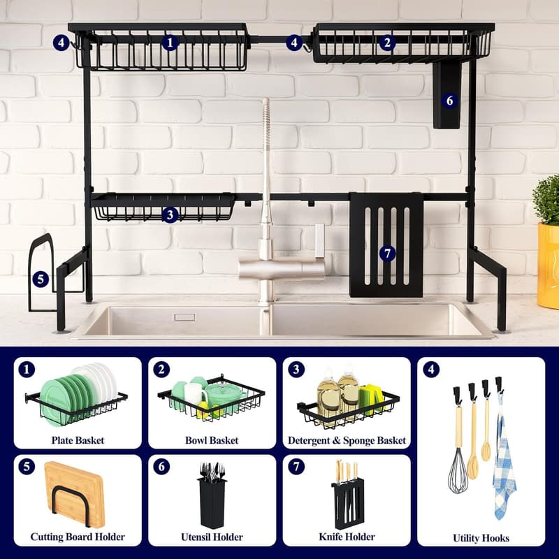 Adjustable Over-Sink Dish Drying Rack - Black, 2-Tier Design