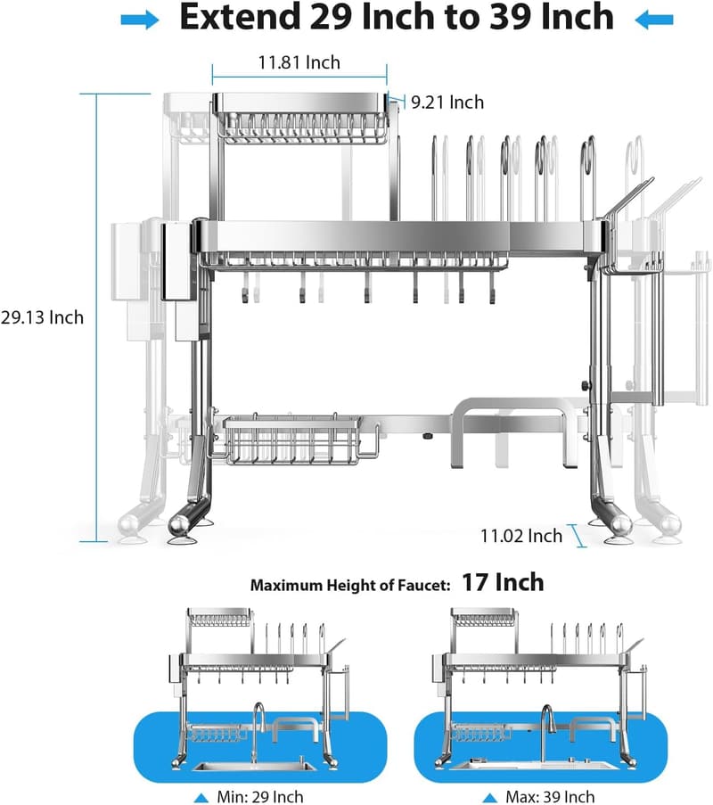 Adjustable 2.5-Tier 304 Stainless Steel Dish Drying Rack