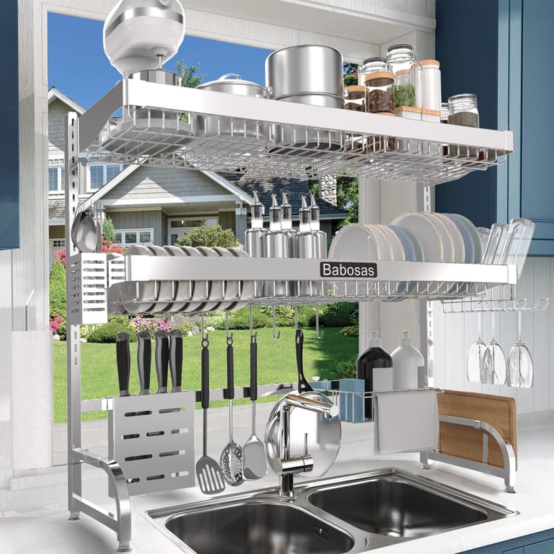 Adjustable 3-Tier Stainless Steel Dish Drying Rack for Kitchen