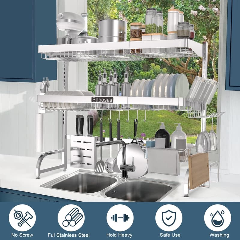 Adjustable 3-Tier Stainless Steel Dish Drying Rack for Kitchen