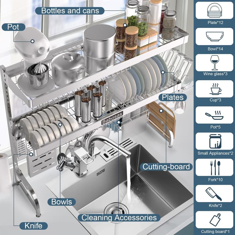 Adjustable 3-Tier Stainless Steel Dish Drying Rack for Kitchen