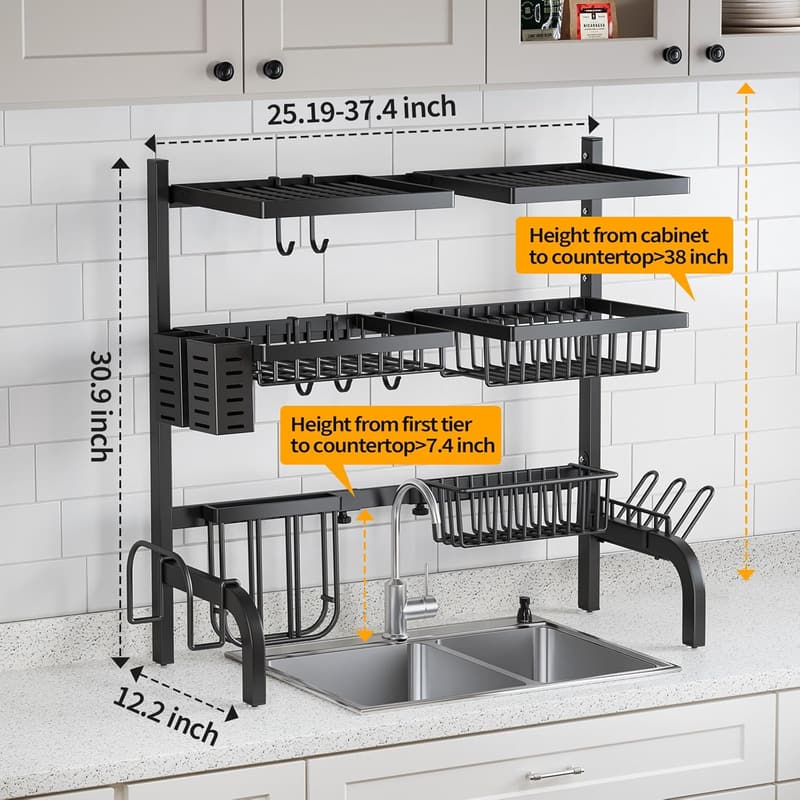 Large Adjustable 3-Tier Over-Sink Dish Drying Rack