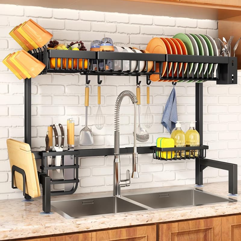 Adjustable 2-Tier Over Sink Dish Drying Rack with Baskets