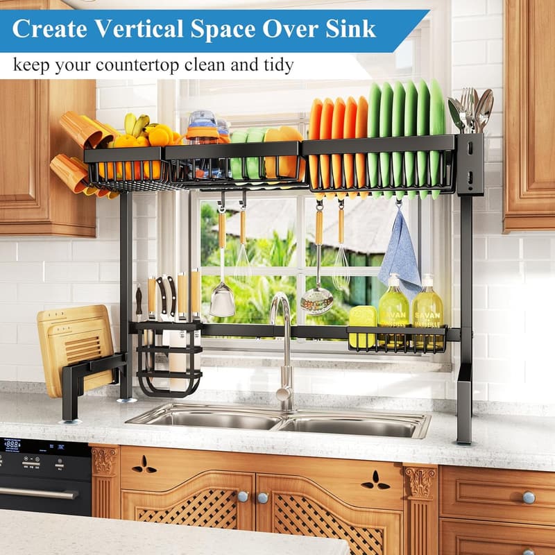 Adjustable 2-Tier Over Sink Dish Drying Rack with Baskets