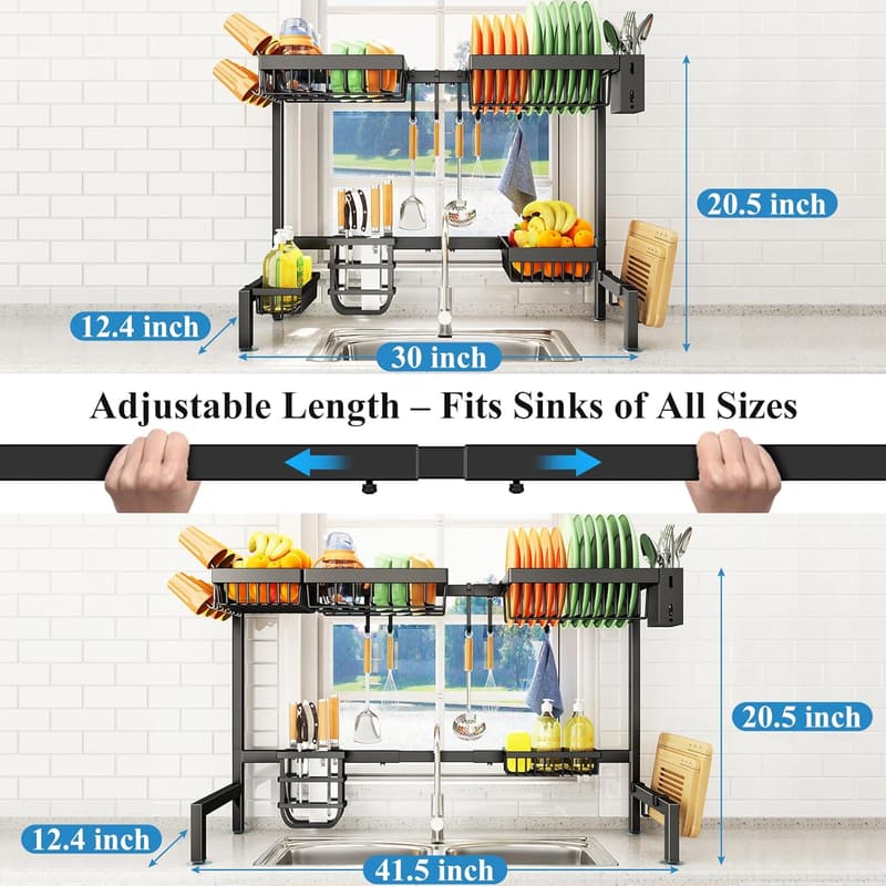 Adjustable 2-Tier Over Sink Dish Drying Rack with Baskets