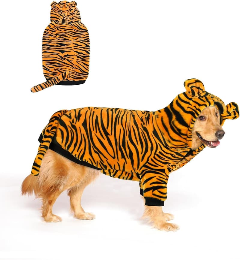 Halloween Tiger Costume for Large Dogs - Warm Hoodie Coat