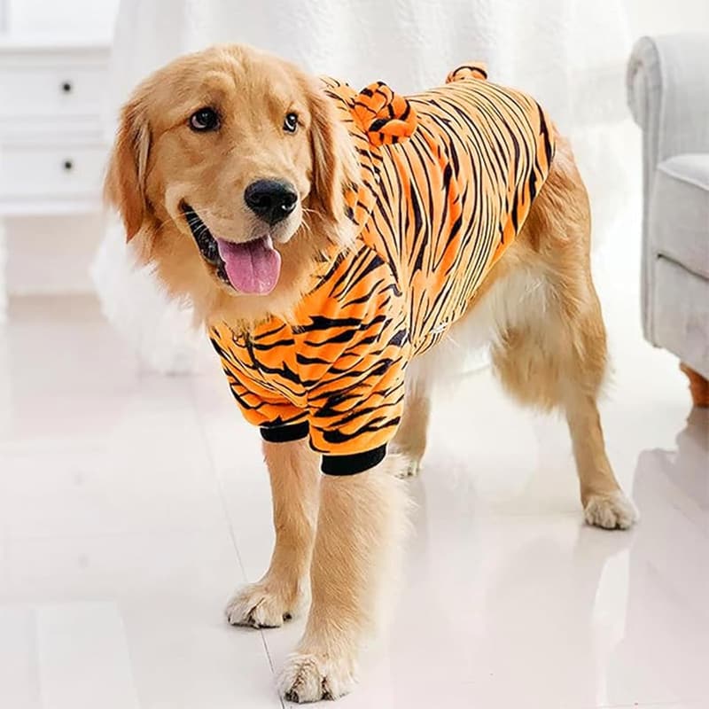 Halloween Tiger Costume for Large Dogs - Warm Hoodie Coat