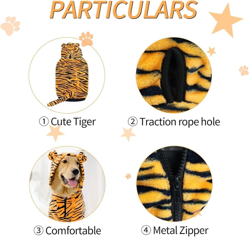 Halloween Tiger Costume for Large Dogs - Warm Hoodie Coat