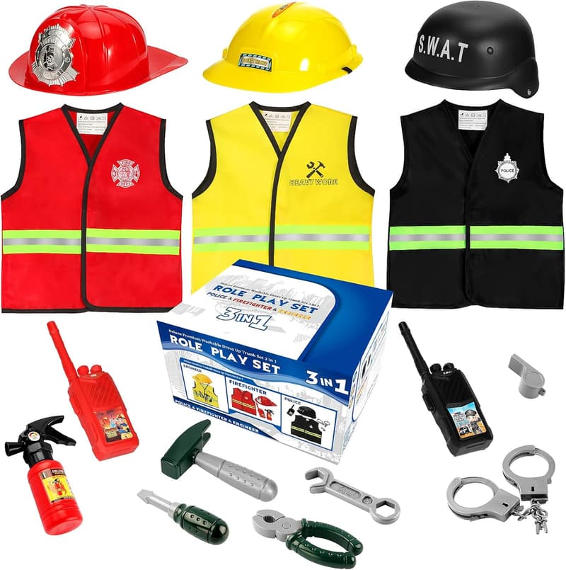 Kids' Role Play Costume Set - 15pc Fireman & Police Outfit