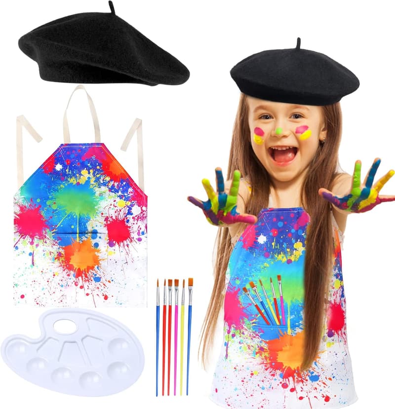 Kids Painter Costume Set with Beret and Tie Dye Apron for Halloween