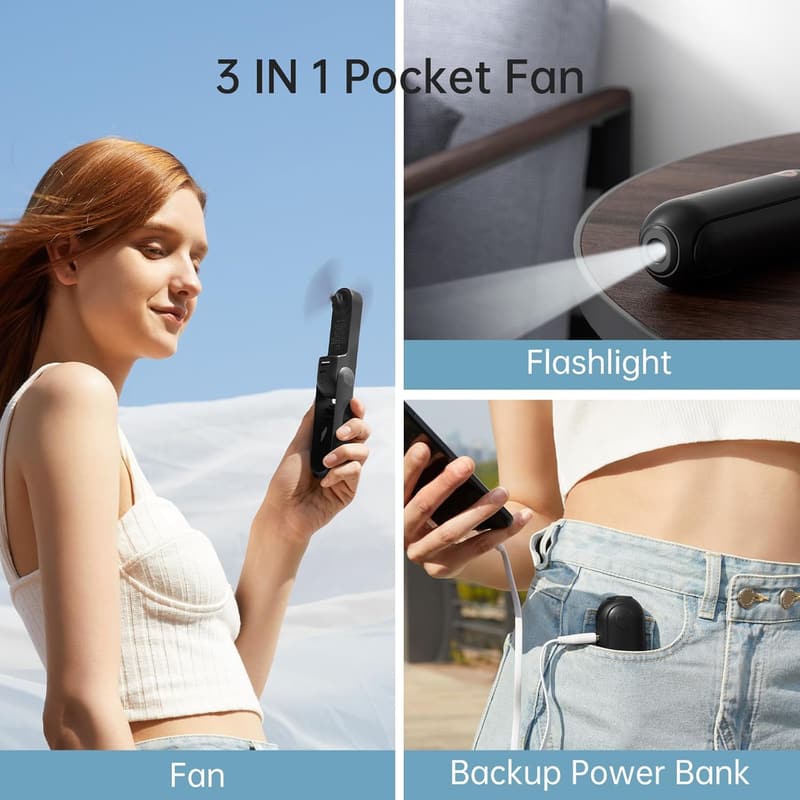 Portable 3-in-1 Mini Fan with Power Bank & Flashlight for Travel