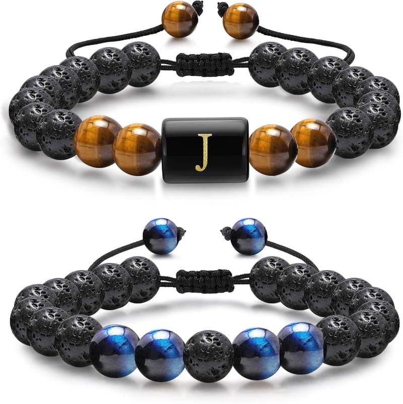 Men's Personalized Initial Beaded Bracelet - Natural Stone Gift