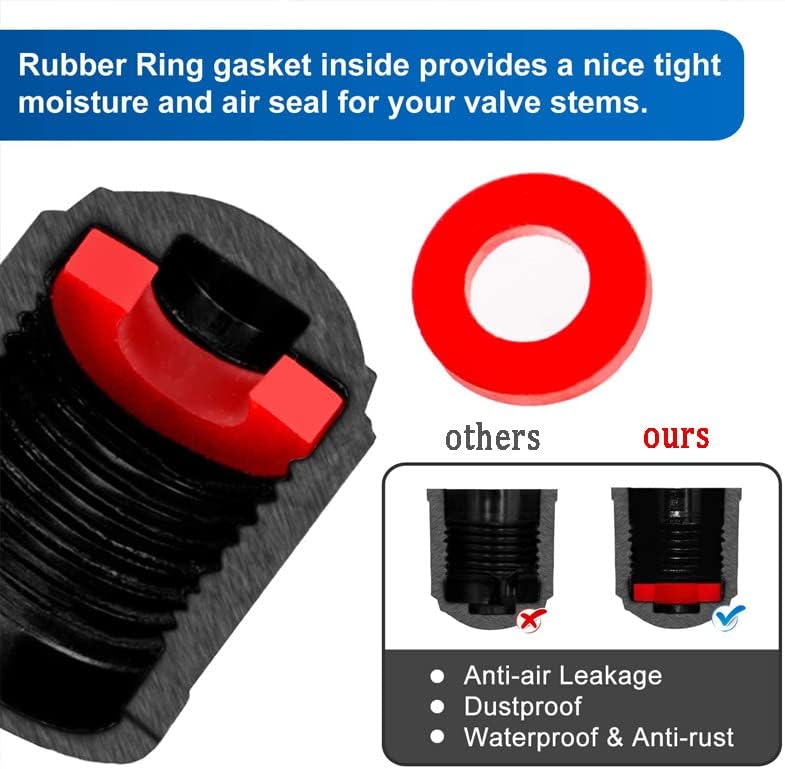 Black Seal Ring Tire Valve Stem Caps - Set of 12