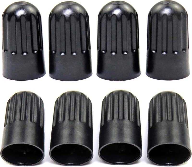 Universal Black Plastic Tire Valve Stem Caps - 8 Pack with Rubber Seal