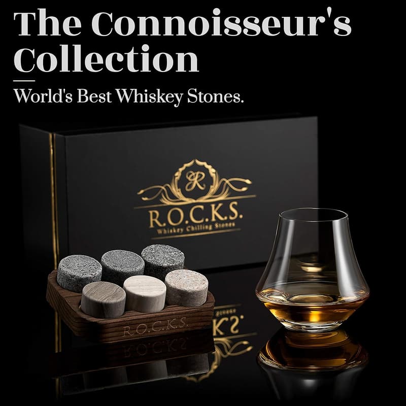 Whiskey Tasting Gift Set: Handcrafted Granite Stones & Crystal Glass