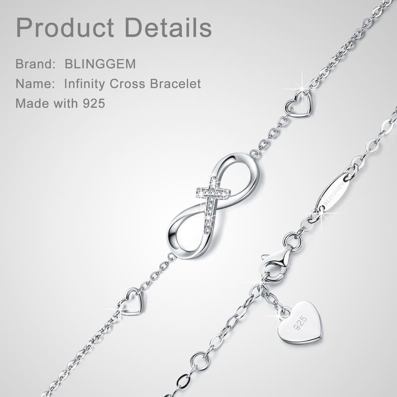 925 Sterling Silver Infinity Cross Bracelet for Women