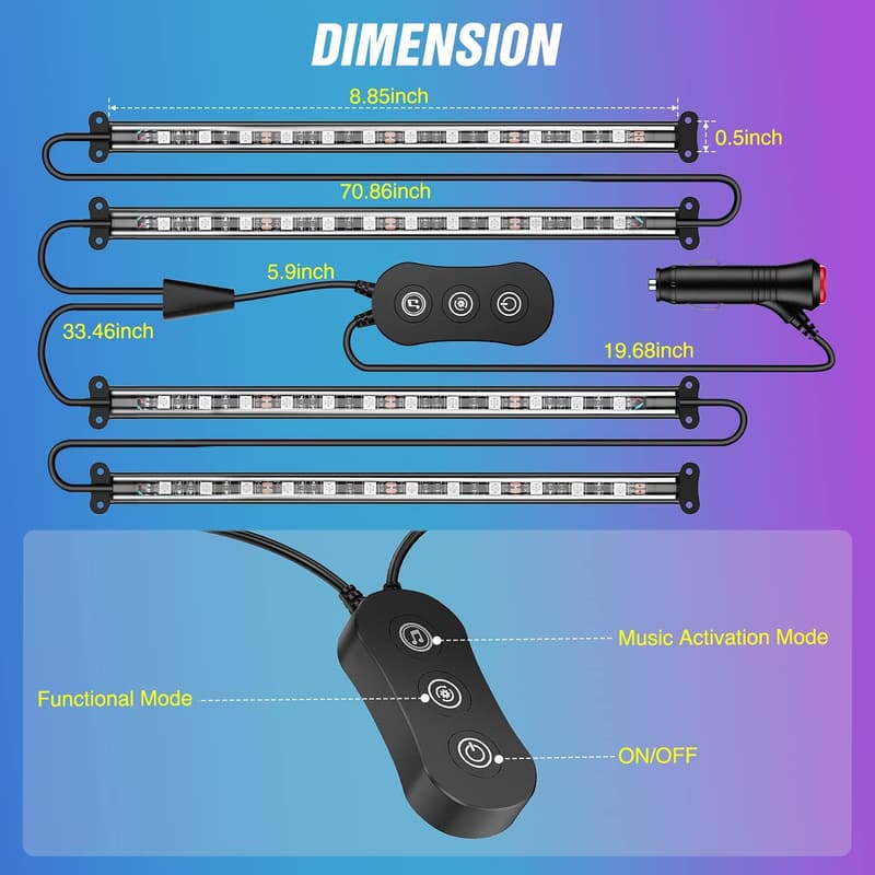 APP-Controlled RGB Car Interior Strip Lights with Music Sync