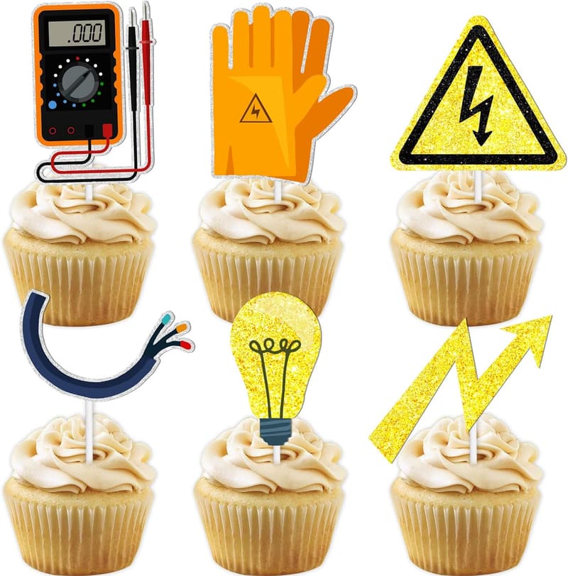 Electrician Lineman Theme Gold Glitter Cupcake Toppers - 18 pcs