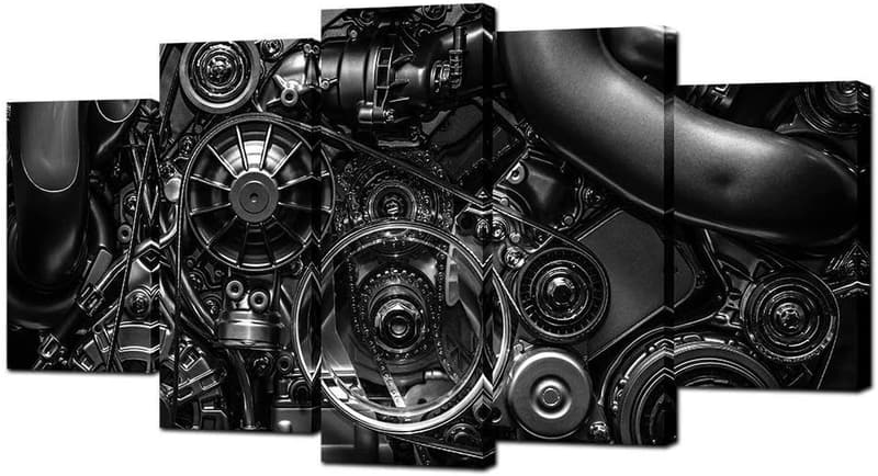 Modern Home Decor - 5-Piece Black & White Engine Canvas Art
