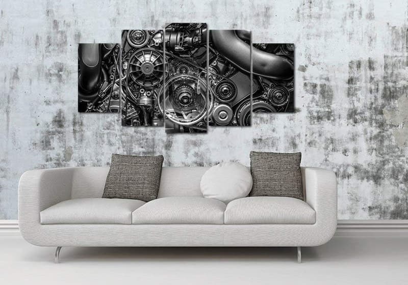 Modern Home Decor - 5-Piece Black & White Engine Canvas Art